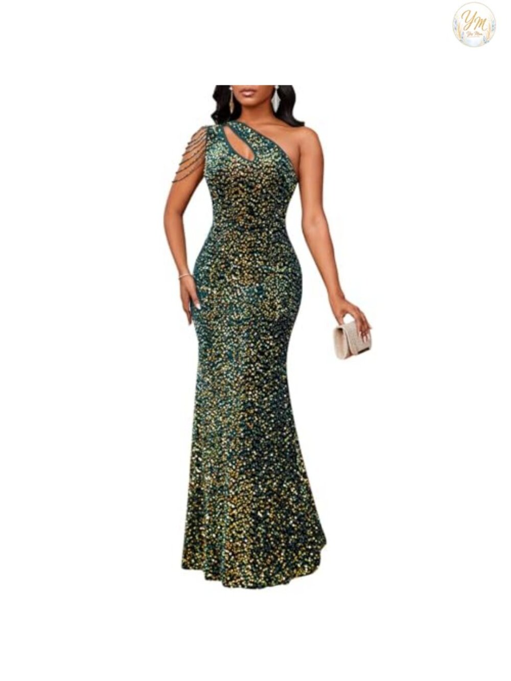 Sequin One Shoulder Tassel Mermaid Bodycon Formal Evening Gown Maxi Dress
